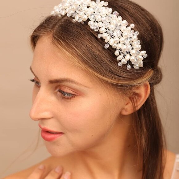 Wedding Tiara Pearl Crystal Hair Crown Bridal Headpiece for Bride and Party